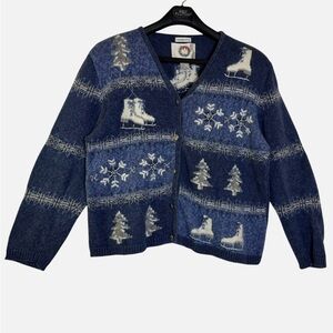 VTG Chunky Knit Winter Scene Cardigan Christmas Skating Snowflakes Cottagecore L